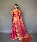 Pink tissue silk saree with unstitched blouse piece
