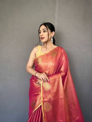 Pink tissue silk saree with unstitched blouse piece 3
