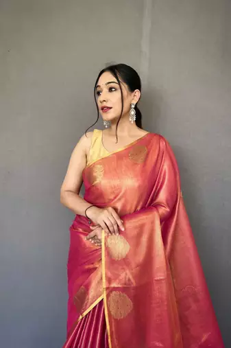 Pink tissue silk saree with unstitched blouse piece