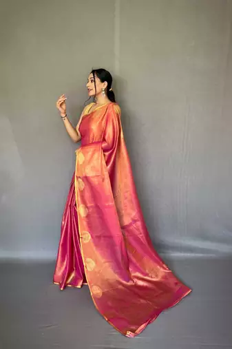 Pink tissue silk saree with unstitched blouse piece