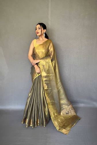 Gold tissue silk saree with unstitched blouse piece