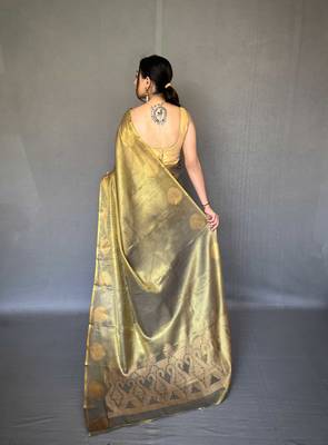 Gold tissue silk saree with unstitched blouse piece 2