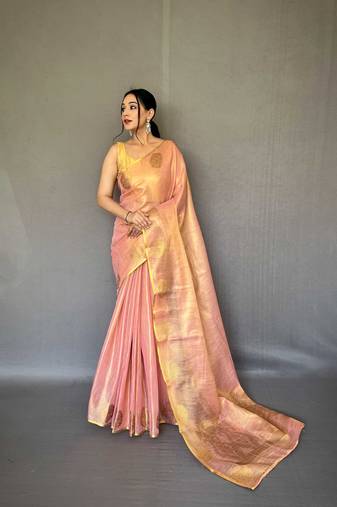 Light pink tissue silk saree with unstitched blouse piece
