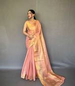 Light pink tissue silk saree with unstitched blouse piece