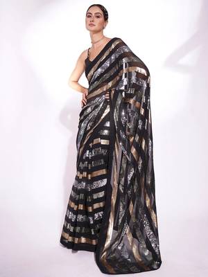 Black georgette embroidery sequance work saree with unstitched blouse piece 1