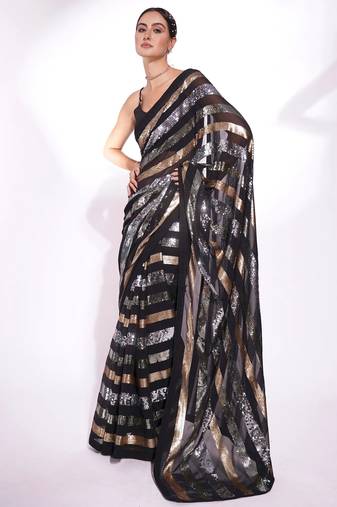 Black georgette embroidery sequance work saree with unstitched blouse piece