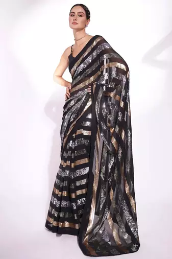Black georgette embroidery sequance work saree with unstitched blouse piece