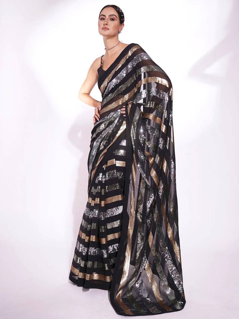 Black georgette embroidery sequance work saree with unstitched blouse piece