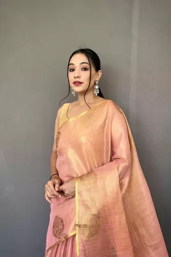 Light pink tissue silk saree with unstitched blouse piece