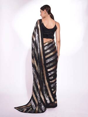 Black georgette embroidery sequance work saree with unstitched blouse piece 2