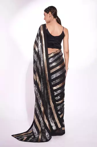 Black georgette embroidery sequance work saree with unstitched blouse piece