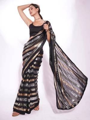 Black georgette embroidery sequance work saree with unstitched blouse piece 3