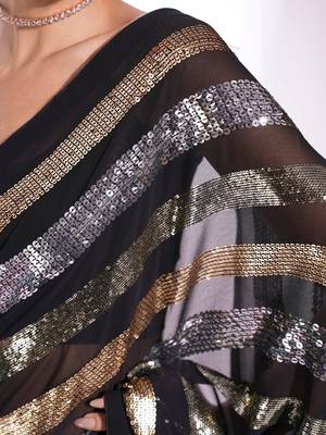 Black georgette embroidery sequance work saree with unstitched blouse piece 4