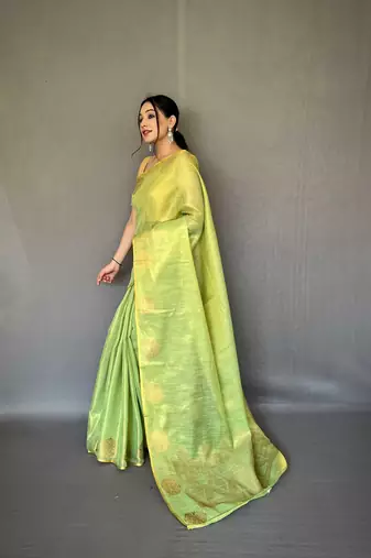 Light green tissue silk saree with unstitched blouse piece