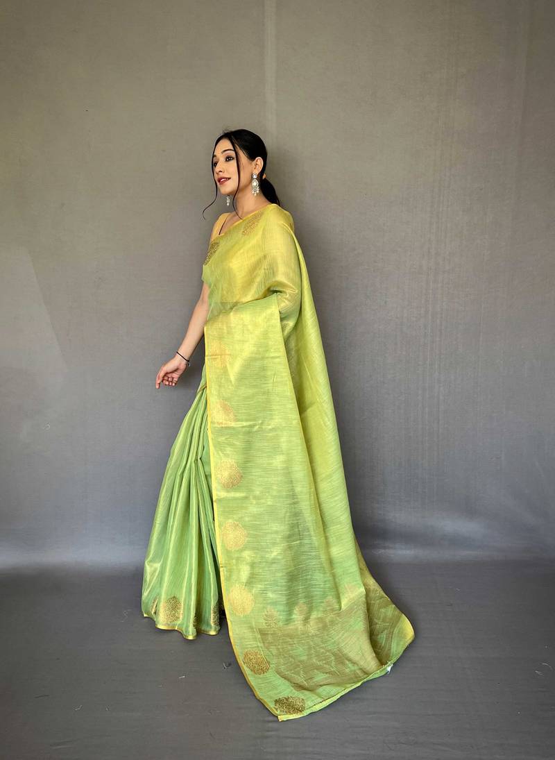Light green tissue silk saree with unstitched blouse piece