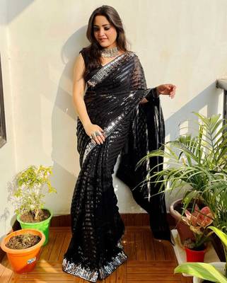 Black georgette embroidery sequance work saree with unstitched blouse piece 1