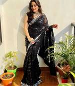 Buy Black georgette embroidery sequance work saree with unstitched blouse piece