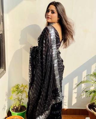 Black georgette embroidery sequance work saree with unstitched blouse piece 2