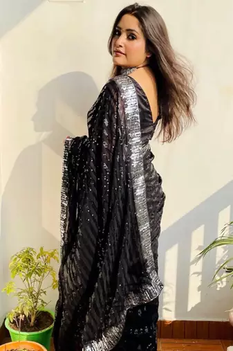 Black georgette embroidery sequance work saree with unstitched blouse piece