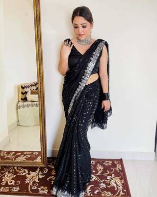 Black georgette embroidery sequance work saree with unstitched blouse piece 3