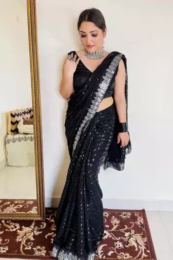 Black georgette embroidery sequance work saree with unstitched blouse piece
