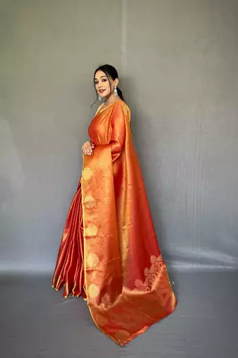 Red tissue silk saree with unstitched blouse piece