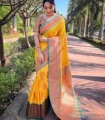Yellow zari woven soft silk women's saree with blouse piece
