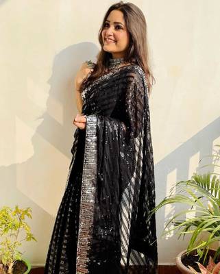Black georgette embroidery sequance work saree with unstitched blouse piece 4