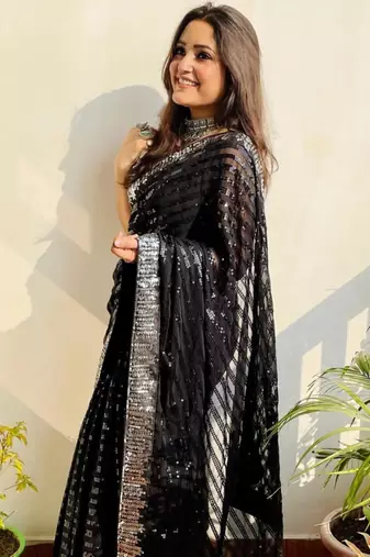 Black georgette embroidery sequance work saree with unstitched blouse piece