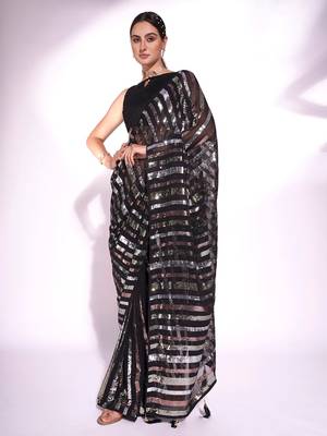 Black georgette embroidery sequance work saree with unstitched blouse piece 1
