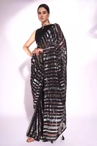 Black georgette embroidery sequance work saree with unstitched blouse piece