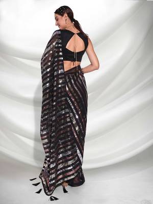 Black georgette embroidery sequance work saree with unstitched blouse piece 2