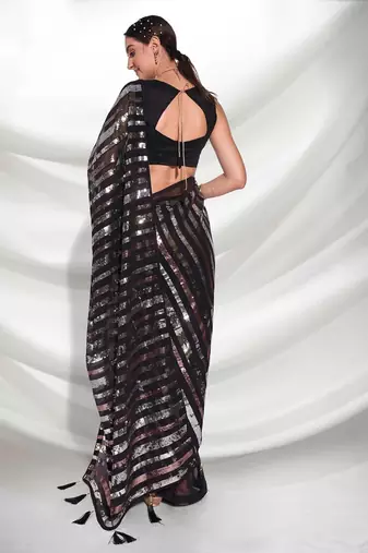 Black georgette embroidery sequance work saree with unstitched blouse piece