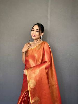Red tissue silk saree with unstitched blouse piece 4