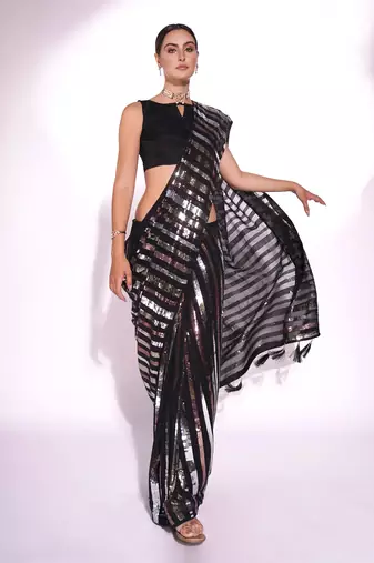 Black georgette embroidery sequance work saree with unstitched blouse piece