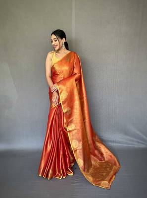 Red tissue silk saree with unstitched blouse piece 1