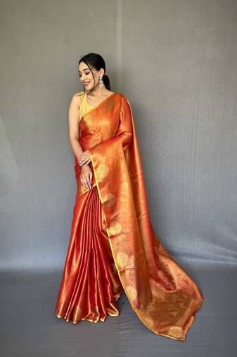 Red tissue silk saree with unstitched blouse piece