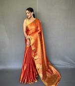 Red tissue silk saree with unstitched blouse piece