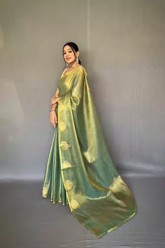Green tissue silk saree with unstitched blouse piece