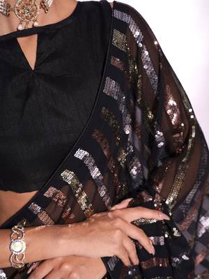 Black georgette embroidery sequance work saree with unstitched blouse piece 4