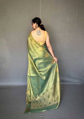 Green tissue silk saree with unstitched blouse piece 3