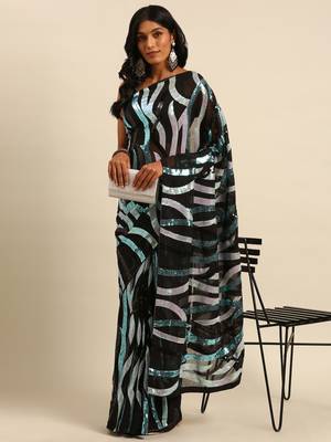 Black georgette embroidery sequance work saree with unstitched blouse piece 1