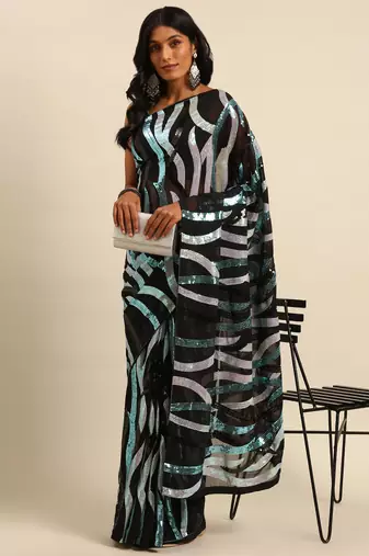 Black georgette embroidery sequance work saree with unstitched blouse piece