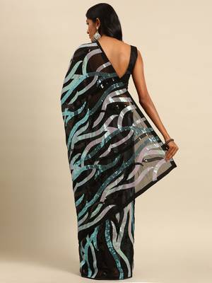 Black georgette embroidery sequance work saree with unstitched blouse piece 2