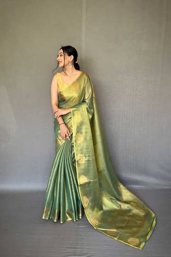 Green tissue silk saree with unstitched blouse piece