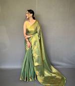 Green tissue silk saree with unstitched blouse piece