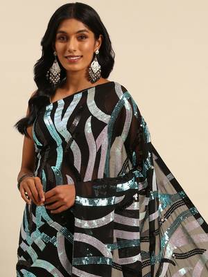 Black georgette embroidery sequance work saree with unstitched blouse piece 3