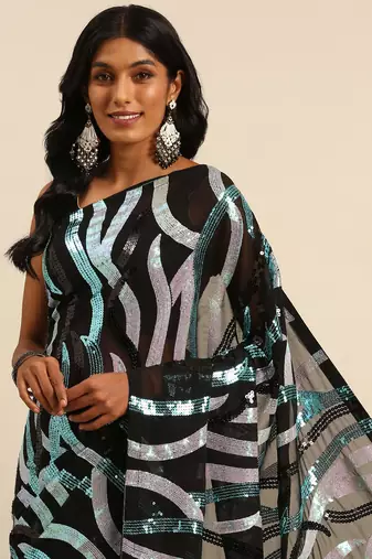 Black georgette embroidery sequance work saree with unstitched blouse piece