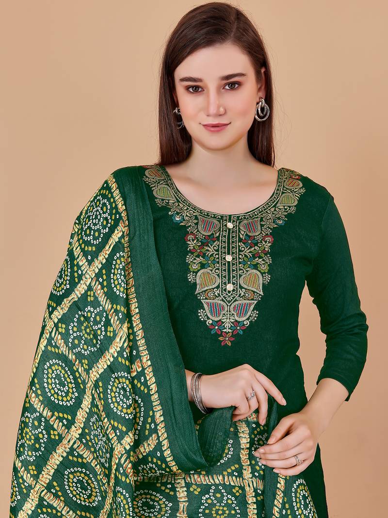 Green banarasi silk meenakari dress material with bandhani printed chinnon dupatta