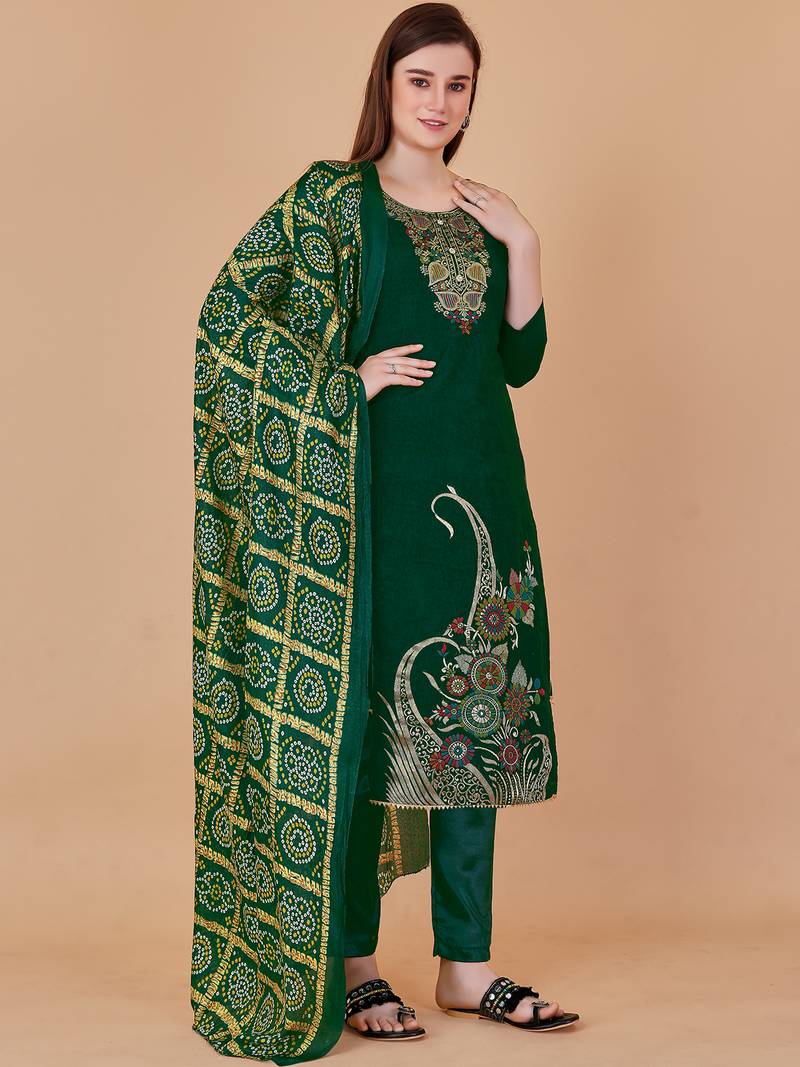 Green banarasi silk meenakari dress material with bandhani printed chinnon dupatta